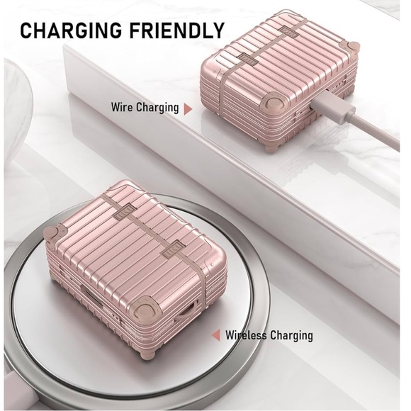 Pink Hard Shell Suitcase with Stickers AirPod Pro case - Picture 4 of 7